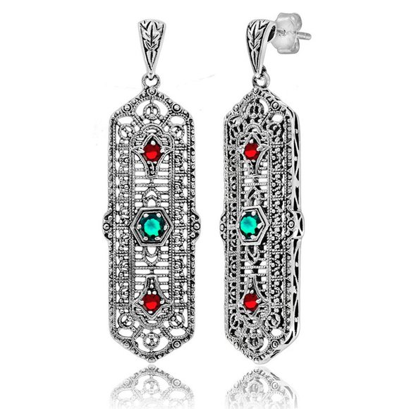 Natural 1CT TW Apatite & Fire Garnet 925 Silver Art Nouveau Filigree Earrings - Picture 1 of 6